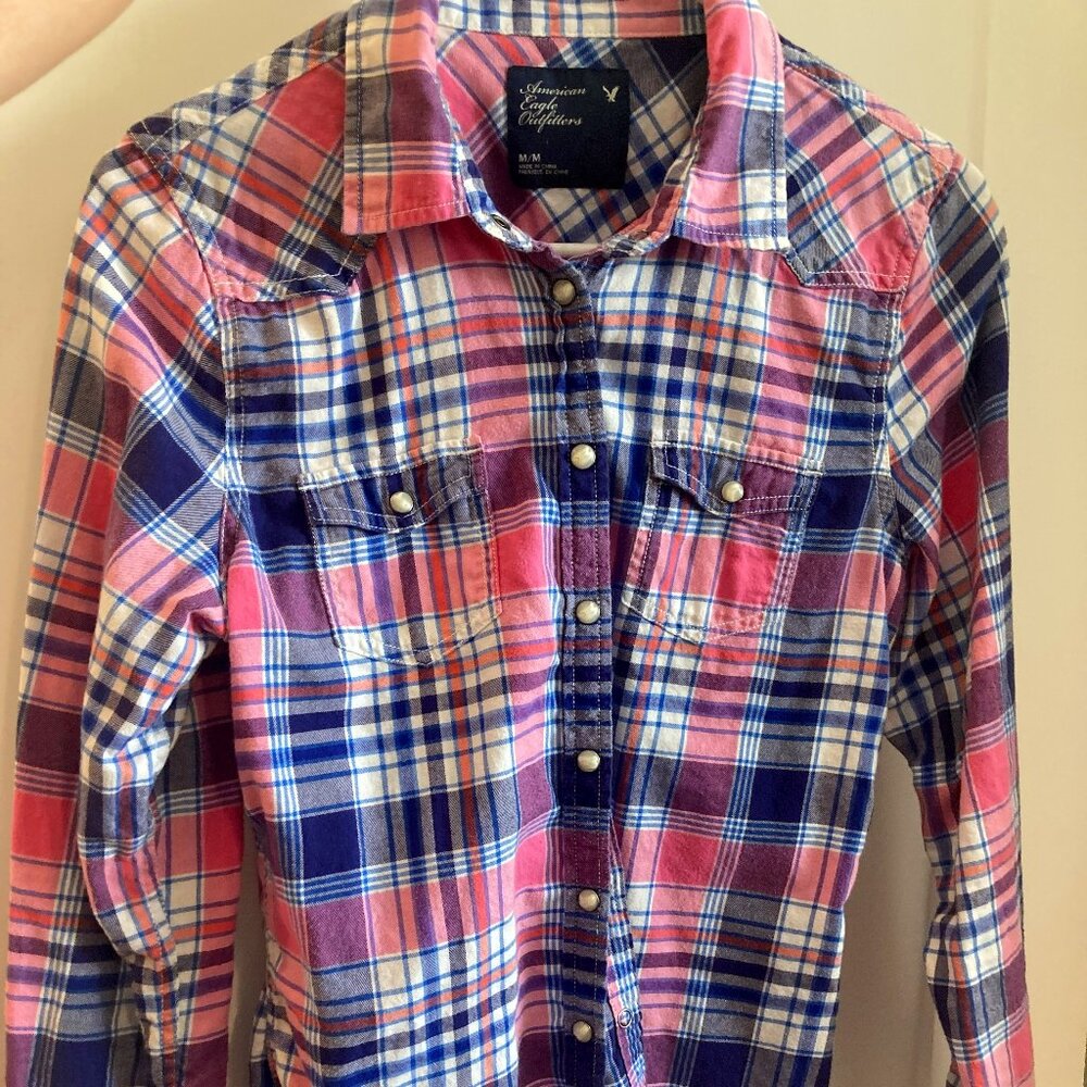 Women's Pink Plaid American Eagle Vintage Cowgirl Pearl Button Shirt